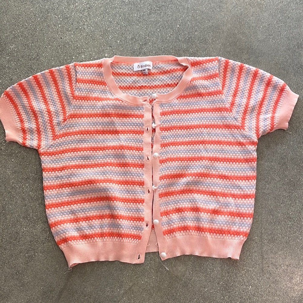 8 Birdies cropped pastel stripped short sleeve cardigan with pearl button detail